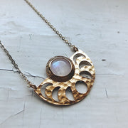 Moon Goddess Necklace - Handmade in the USA Gold Moon Phases with Rainbow Moonstone